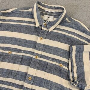 Lucky Brand Shirt Mens XL Linen Blend Double Pocket Button Up Blue Beige Classic